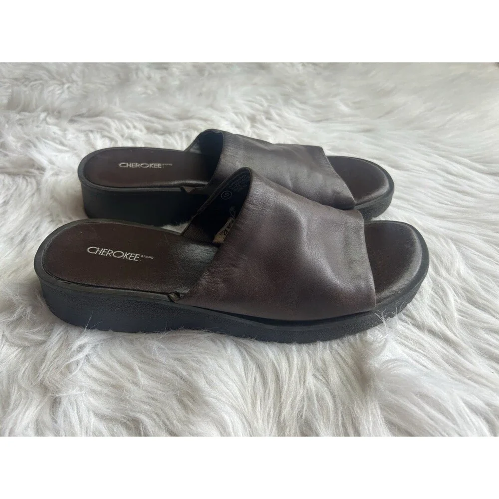 Cherokee Women's 10 Brown Leather Chunky Platform Vintage Style Comfort Slides